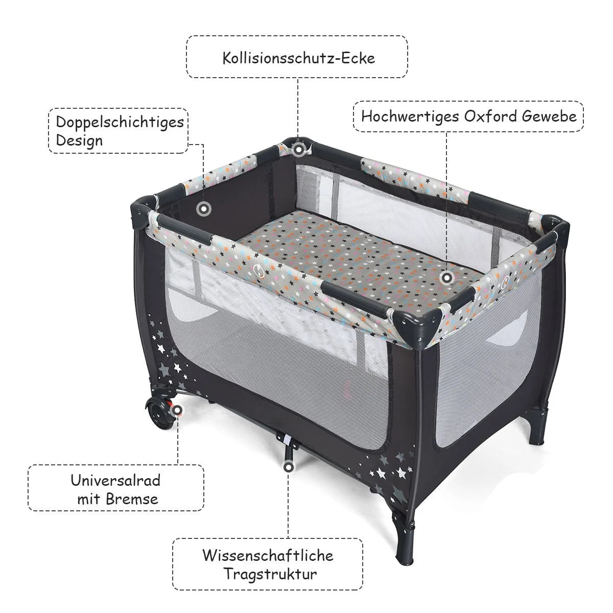 2 in 1 Reisebett & Laufstall Klappbar Kinderbett 125 X 65 X 76 Cm Grau