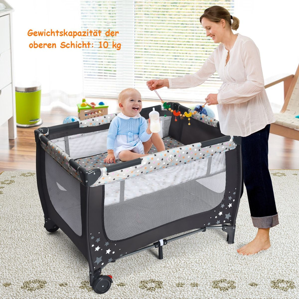 2 in 1 Reisebett & Laufstall Klappbar Kinderbett 125 X 65 X 76 Cm Grau