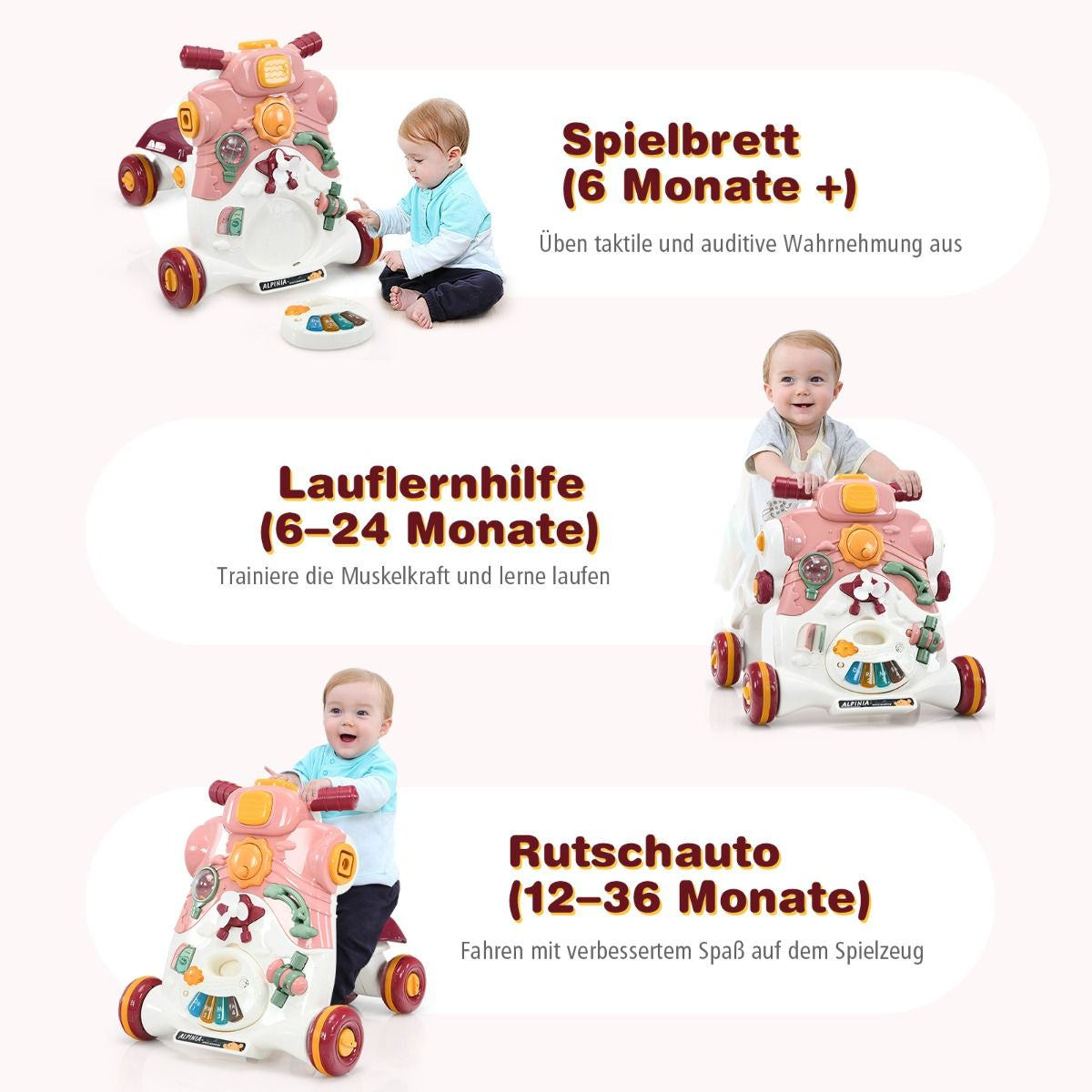 3-In-1 Sitz-Stehlaufhilfen Für Babys Lauflernwagen Baby Walker 46 X 46 X 46 Cm Rosa
